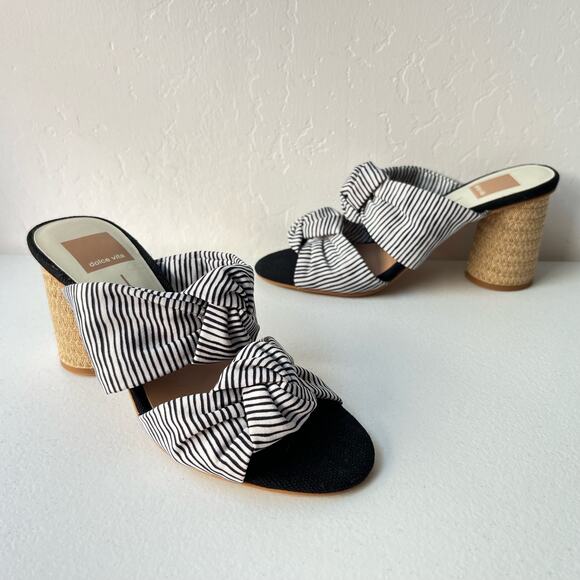 Dolce Vita Jene Striped Mules Knotted Raffia Heel Sandals Black White Size 6 - Picture 1 of 16